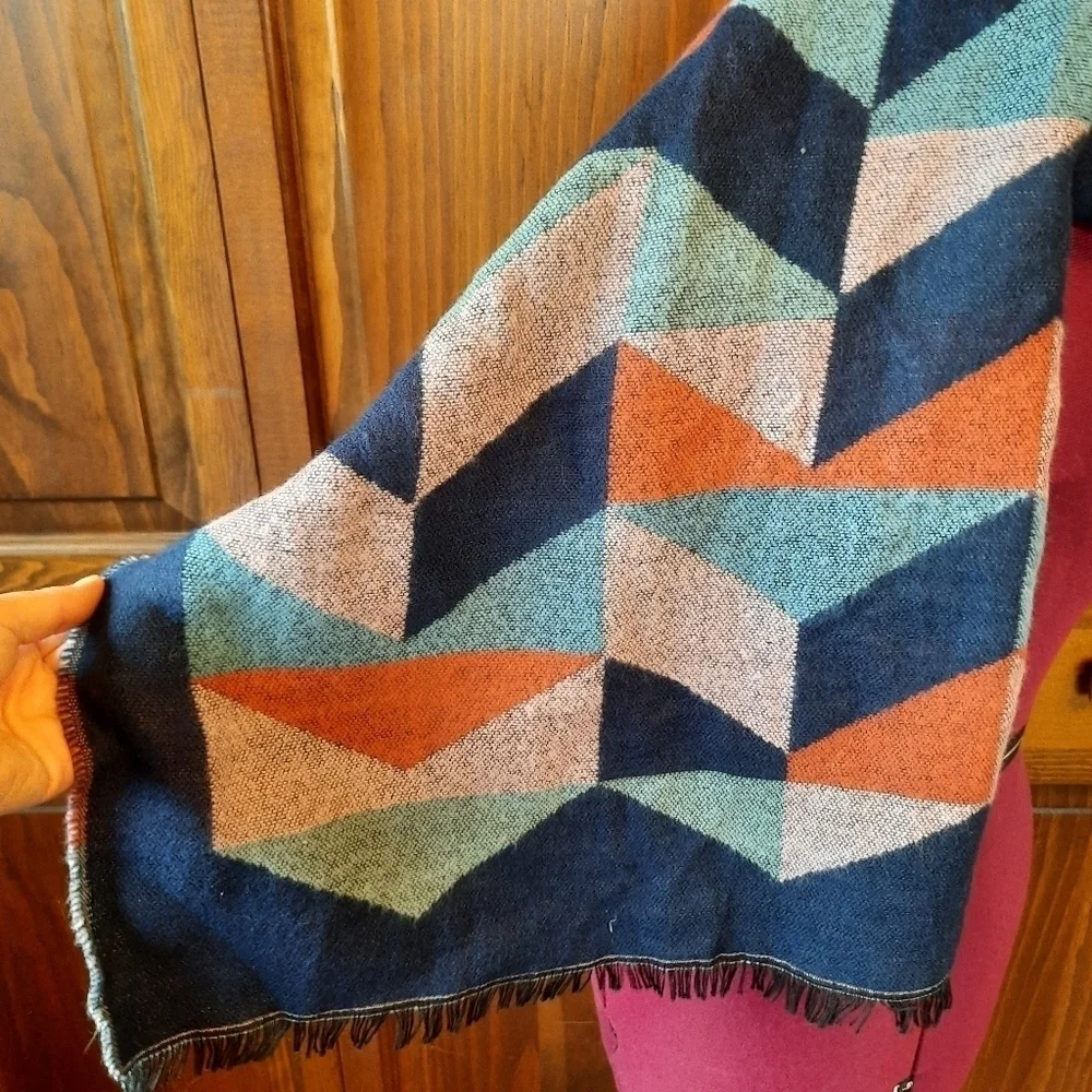 14th & Union oversized blue orange geometric pattern long knit scarf